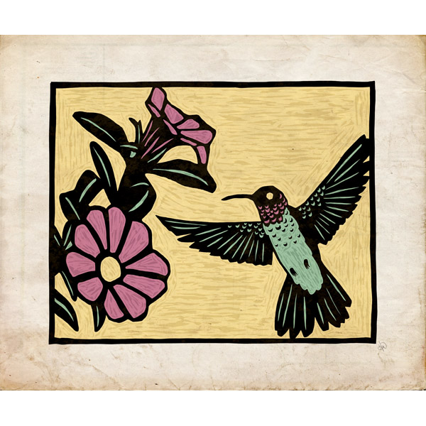 Woodblock Hummingbird Yellow