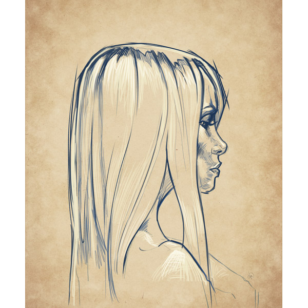 Indigo on Sepia Young Woman Portrait Sketch