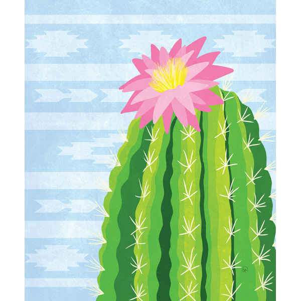 Cactus With Pink Flower On Blue