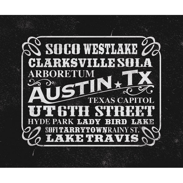 Austin Texas Typography - Distressed BW